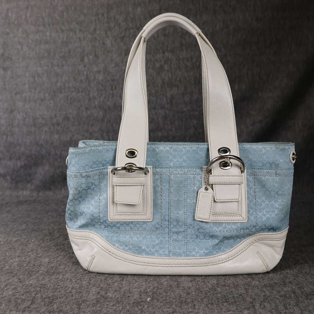 Coach Avary Shoulder Bag Blue Signature Jacquard Leather Buckle F10927